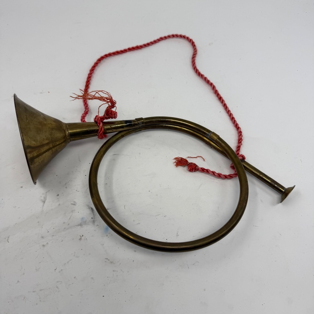 Vintage Handcrafted Solid Brass Fox Hunt Horn Bugle India Red Cord 11 Inch